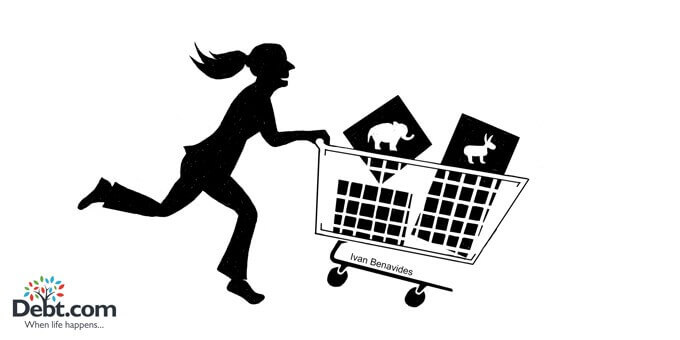 Debt.com debt news illustration by Ivan Benavides: Female student walks towards hole as businessman considers housing market|Debt news illustration shows woman walking into debt|Debt news illustration shows man who is unhappy with his job|Debt news illustration of woman running with a shopping cart