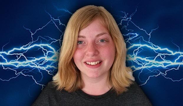 face of lady with lightning in background