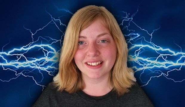 face of lady with lightning in background