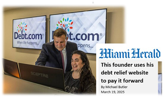 Howard Dvorkin helps a woman at a computer in the Debt.com office, featured in a Miami Herald article about his debt relief mission, dated March 19, 2025.